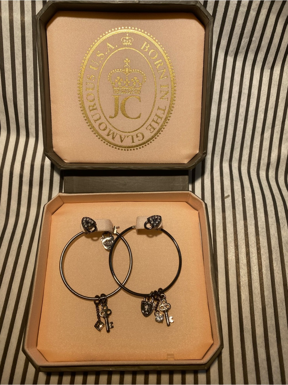 Juicy Couture gun metal color Hoop Earrings with Key and Lock Charms